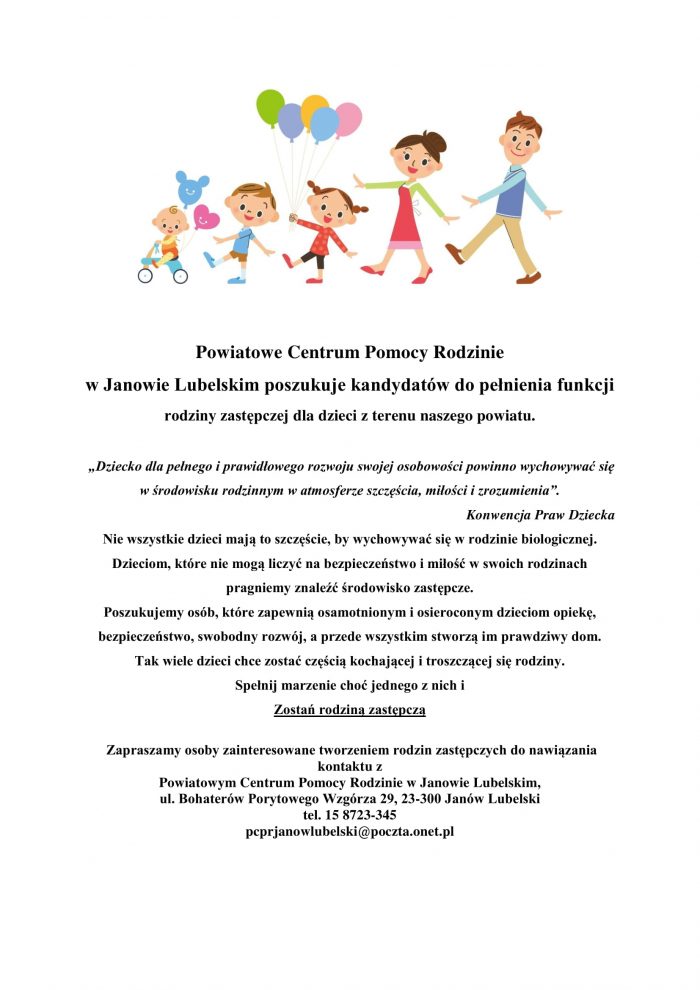 Miniaturka artykułu Powiatowe Centrum Pomocy Rodzinie w Janowie Lubelskim poszukuje kandydatów do pełnienia funkcji rodziny zastępczej