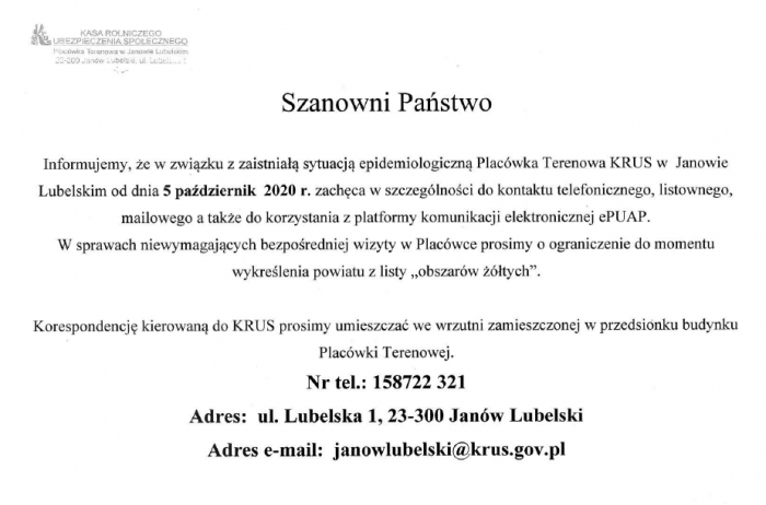Miniaturka artykułu Informacja z Placówki Terenowej KRUS w Janowie Lubelskim