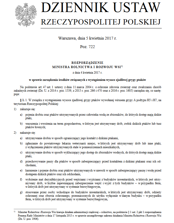 Miniaturka artykułu Rozporządzenie Ministra Rolnictwa i Rozwoju Wsi ws. zarządzenia środków związanych z wystąpieniem wysoce zjadliwej grypy ptaków