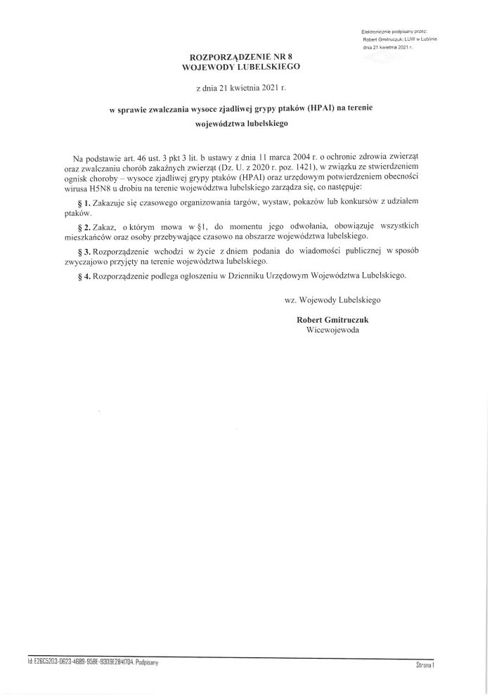 Miniaturka artykułu Rozporządzenie nr 8 Wojewody Lubelskiego z dnia 21-04-2021 ws. zwalczania wysoce zjadliwej grypy ptaków (HPAI) na terenie województwa lubelskiego
