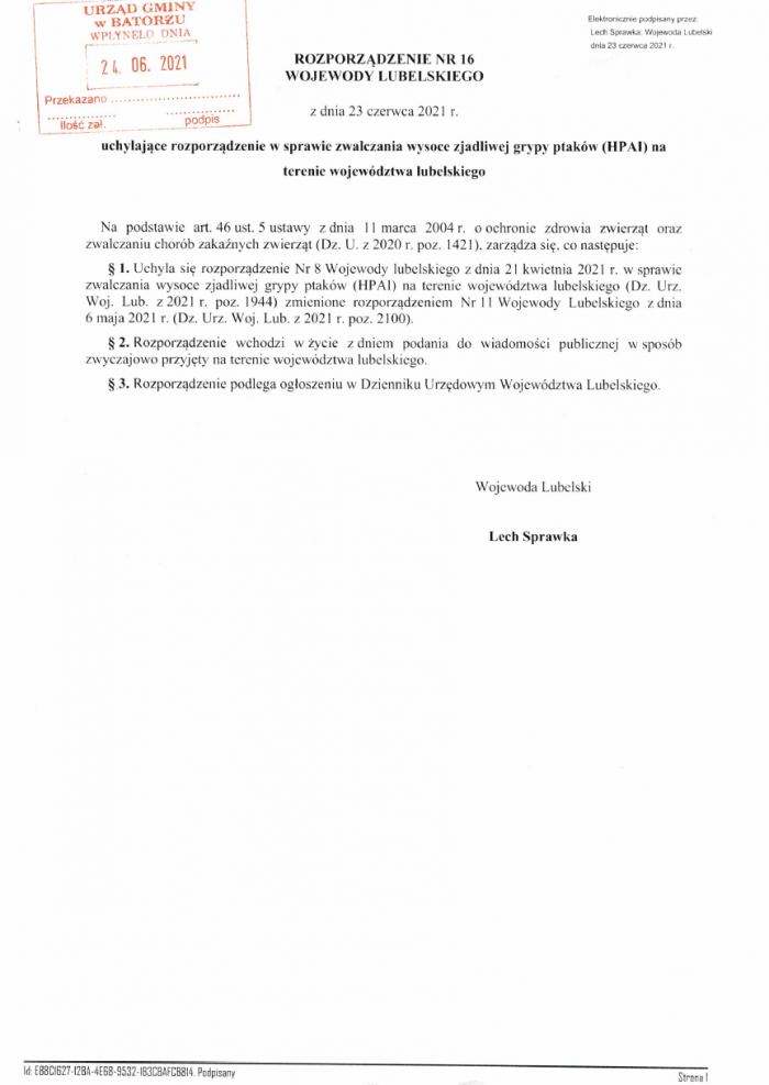 Miniaturka artykułu Rozporządzenie nr 16 Wojewody Lubelskiego z dnia 23-06-2021 uchylające rozporządzenie ws. zwalczania wysoce zjadliwej grypy ptaków (HPAI) na terenie województwa lubelskiego