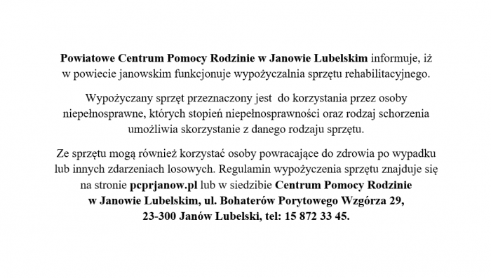 Miniaturka artykułu Informacja z PCPR w Janowie Lubelskim dotycząca wypożyczalni sprzętu rehabilitacyjnego
