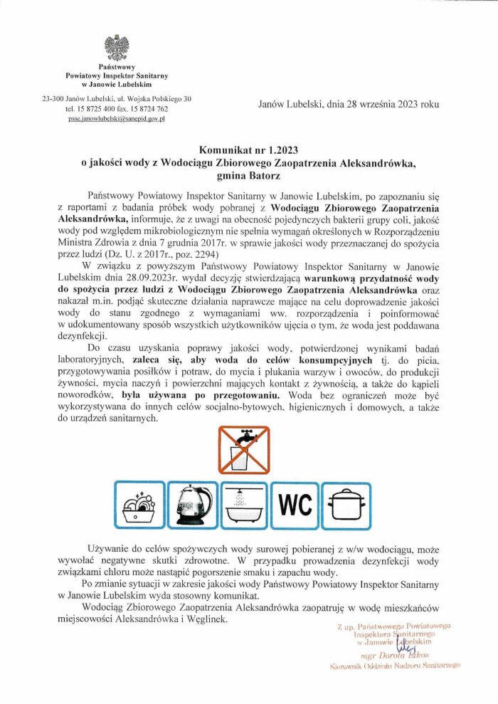Miniaturka artykułu Komunikat nr 1.2023 o jakości wody z Wodociągu Zbiorowego Zaopatrzenia Aleksandrówka, gmina Batorz – z dnia 28 września 2023