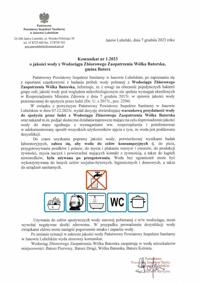 Miniaturka artykułu Komunikat nr 1.2023 o jakości wody z Wodociągu Zbiorowego Zaopatrzenia Wólka Batorska, Gmina Batorz