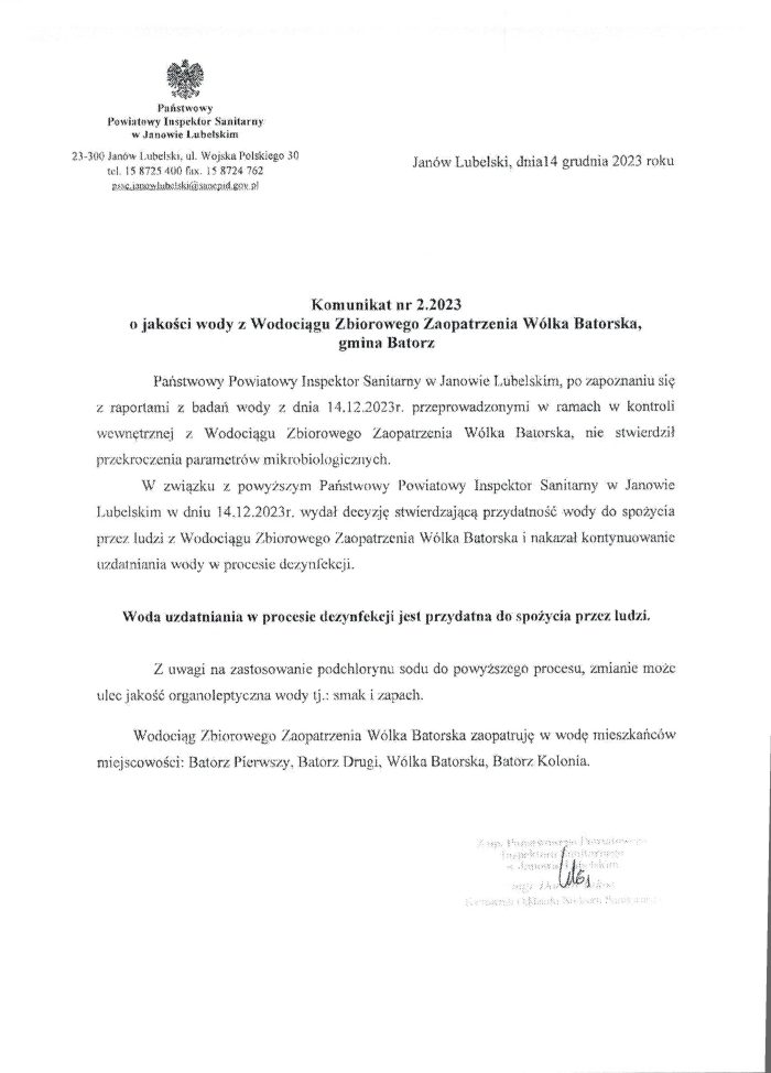Miniaturka artykułu Komunikat nr 2.2023 o jakości wody z Wodociągu Zbiorowego Zaopatrzenia Wólka Batorska, Gmina Batorz