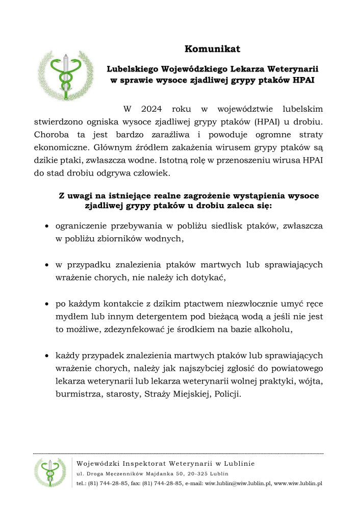 Miniaturka artykułu Komunikat Lubelskiego Wojewódzkiego Lekarza Weterynarii w sprawie wysoce zjadliwej grypy ptaków
