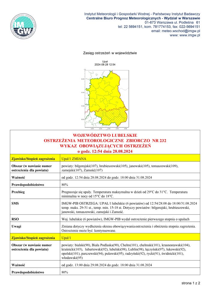 Miniaturka artykułu OSTRZEŻENIA METEOROLOGICZNE ZBIORCZO NR 232