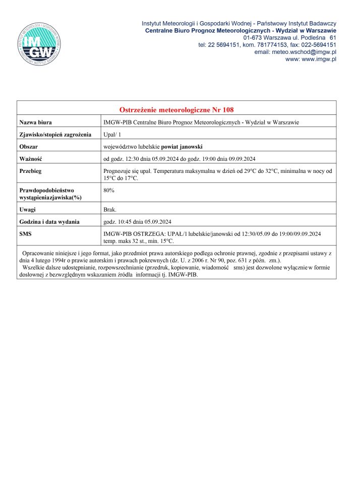 Miniaturka artykułu Ostrzeżenie meteorologiczne Nr 108