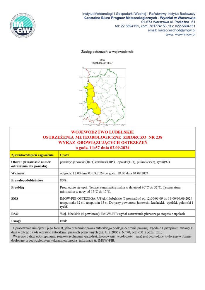 Miniaturka artykułu OSTRZEŻENIA METEOROLOGICZNE ZBIORCZO NR 238