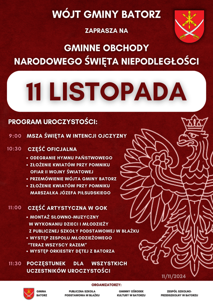 Miniaturka artykułu Zapraszamy na Gminne Obchody Narodowego Święta Niepodległości – 11 listopada 2024