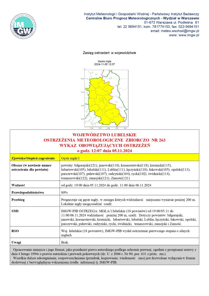 Miniaturka artykułu OSTRZEŻENIA METEOROLOGICZNE ZBIORCZO NR 263