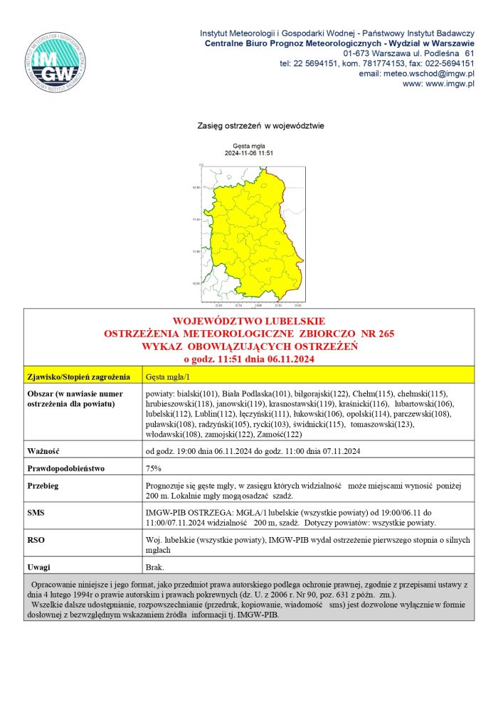 Miniaturka artykułu OSTRZEŻENIA METEOROLOGICZNE ZBIORCZO NR 265