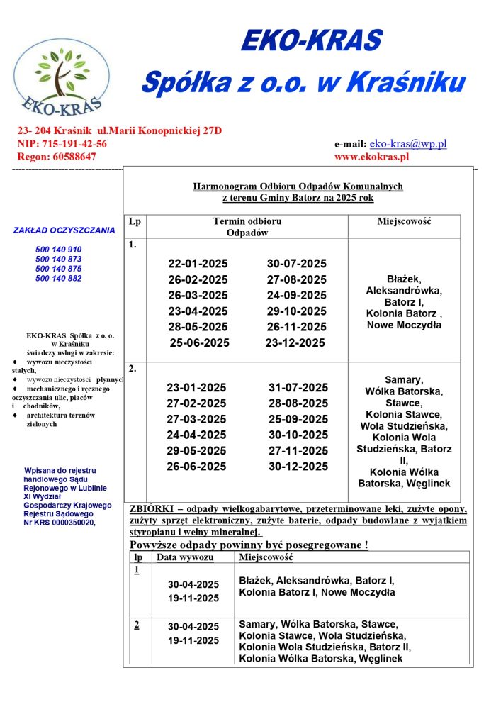 Miniaturka artykułu Harmonogram Odbioru Odpadów Komunalnych z terenu Gminy Batorz na 2025 rok