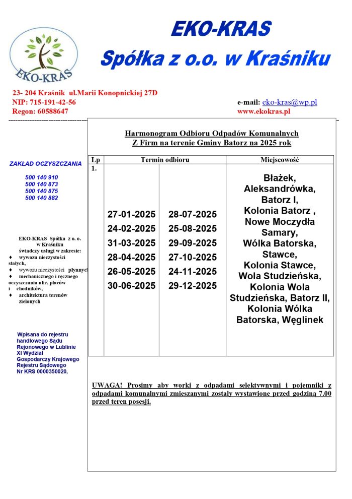 Miniaturka artykułu Harmonogram Odbioru Odpadów Komunalnych Z Firm na terenie Gminy Batorz na 2025 rok