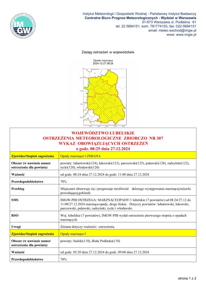 Miniaturka artykułu OSTRZEŻENIA METEOROLOGICZNE ZBIORCZO NR 307