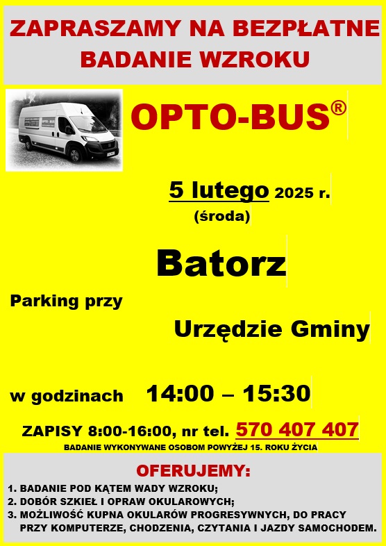 Miniaturka artykułu Ogłoszenie grzecznościowe: Bezpłatne badanie wzroku OPTO-BUS 05.02.2025