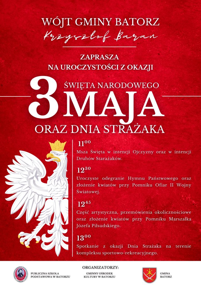 Miniaturka artykułu Zapraszamy na Gminne Obchody Święta Narodowego 3 Maja oraz Dnia Strażaka
