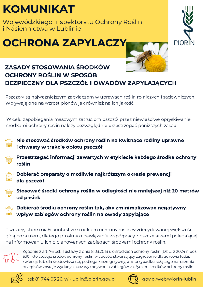 Miniaturka artykułu Komunikaty dotyczące ochrony zapylaczy, stosowania fumigantów oraz opryskiwaczy