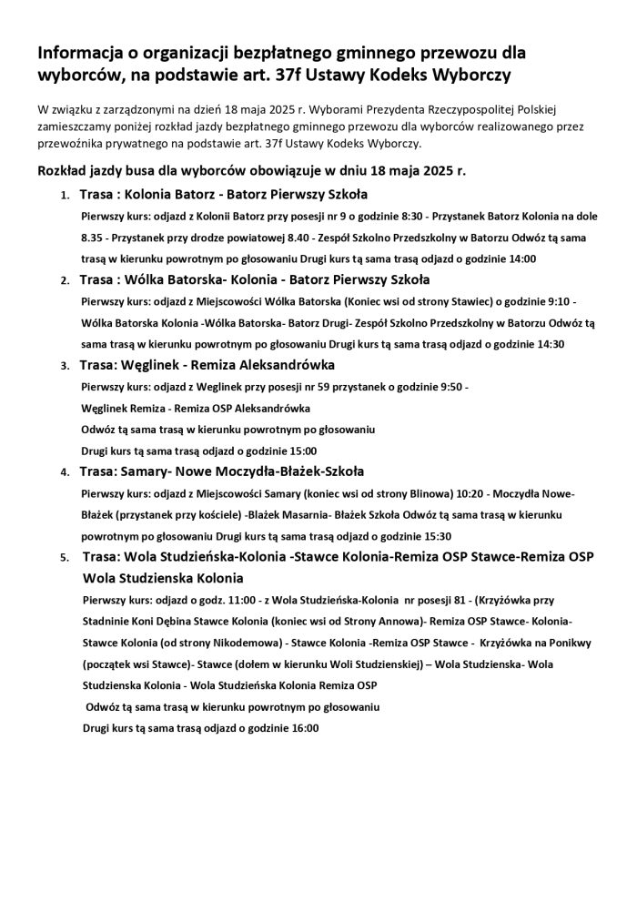 Miniaturka artykułu Informacja o organizacji bezpłatnego gminnego przewozu dla wyborców