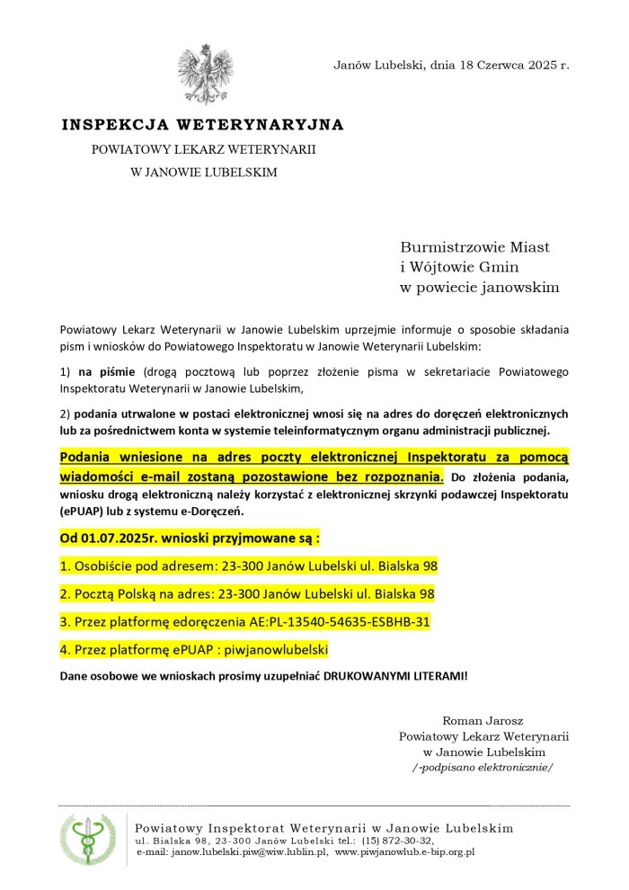 Miniaturka artykułu Informacja Powiatowego Lekarza Weterynarii w Janowie Lubelskim