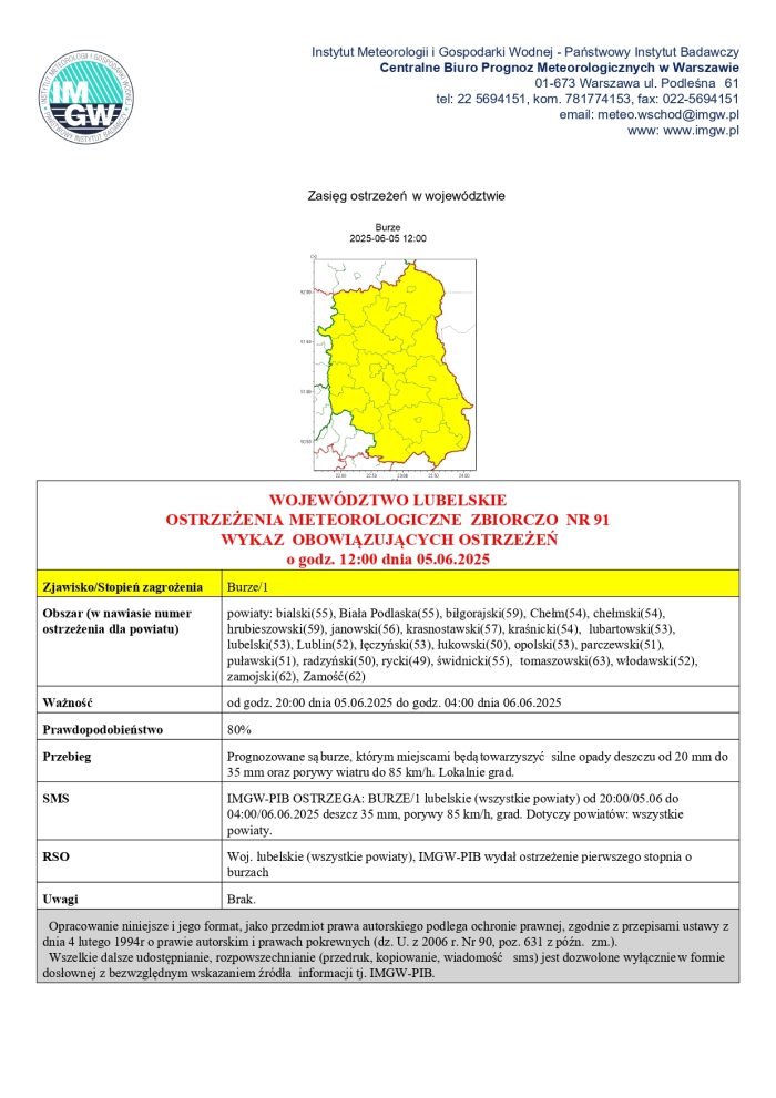 Miniaturka artykułu OSTRZEŻENIA METEOROLOGICZNE ZBIORCZO NR 91
