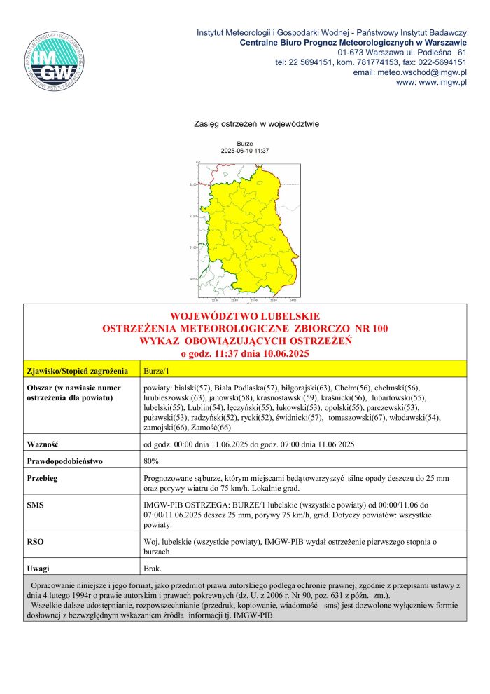 Miniaturka artykułu OSTRZEŻENIA METEOROLOGICZNE ZBIORCZO NR 100
