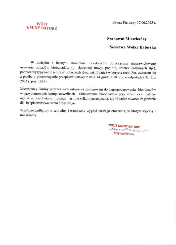 Miniaturka artykułu Informacja dla Mieszkańców Sołectw Batorz Drugi oraz Wólka Batorska
