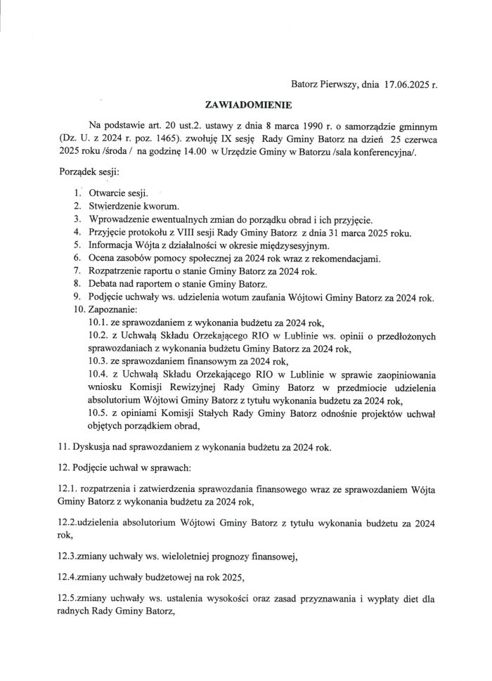 Miniaturka artykułu Zawiadomienie – IX sesja Rady Gminy Batorz