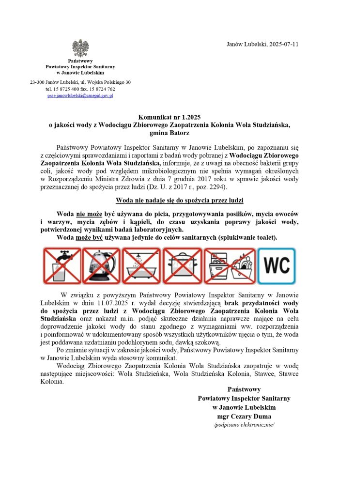 Miniaturka artykułu Uwaga!! Komunikat dotyczący jakości wody z wodociągu w miejscowości Wola Studzieńska- Kolonia!!