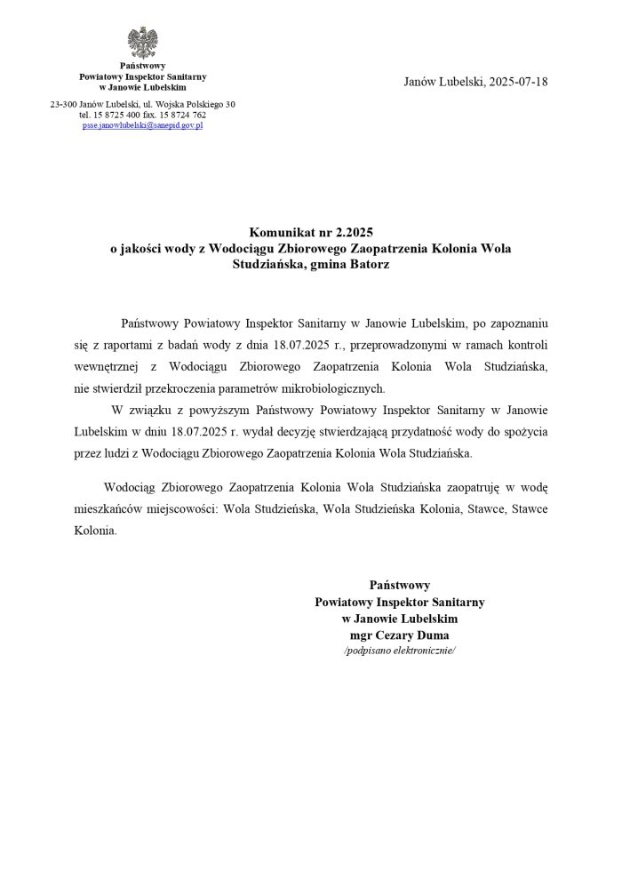 Miniaturka artykułu Uwaga! Stwierdza się przydatność wody do spożycia z Wodociągi Zbiorowego Zaopatrzenia Wola Studzieńska – Kolonia