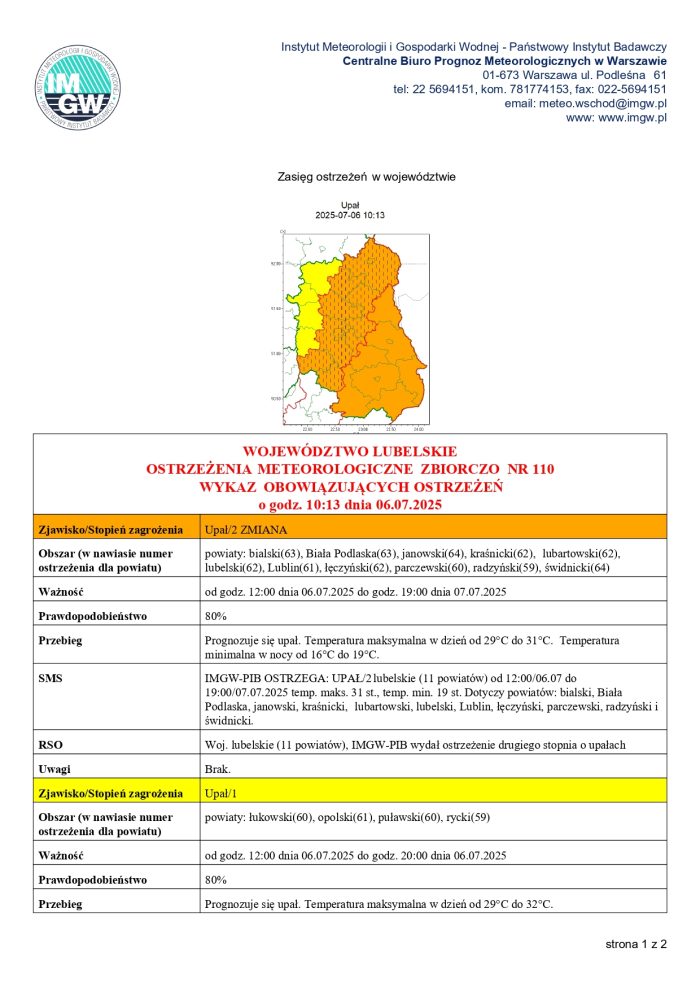 Miniaturka artykułu OSTRZEŻENIA METEOROLOGICZNE ZBIORCZO NR 110
