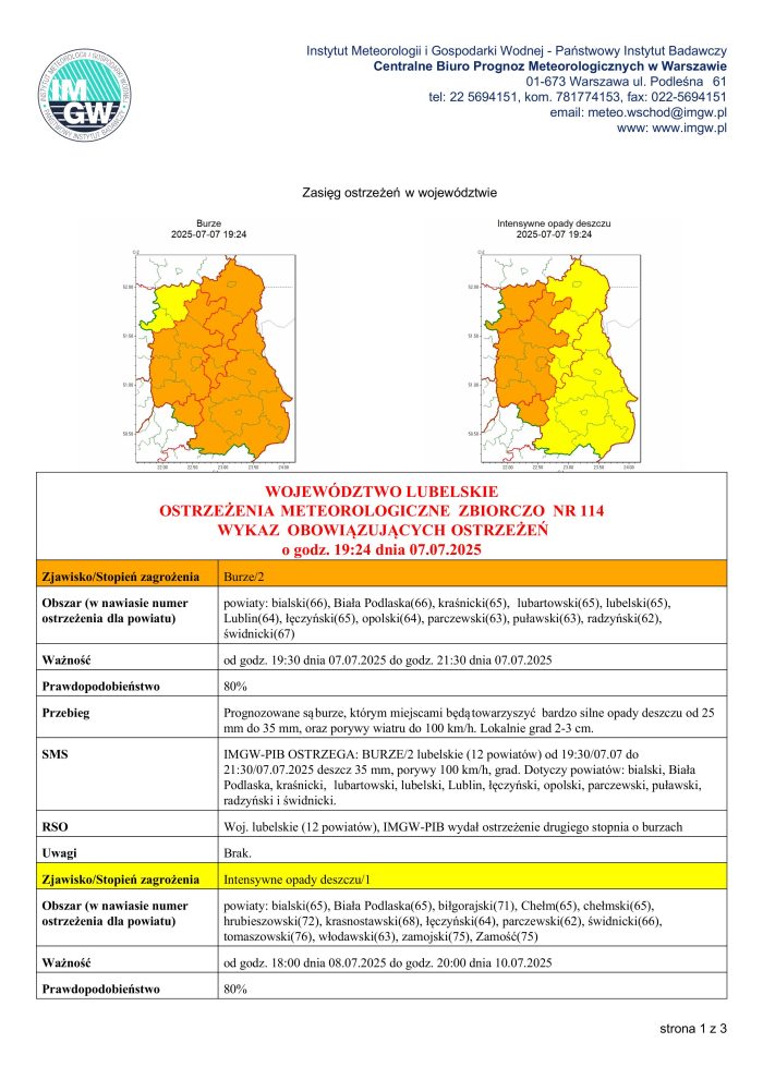 Miniaturka artykułu OSTRZEŻENIA METEOROLOGICZNE ZBIORCZO NR 114