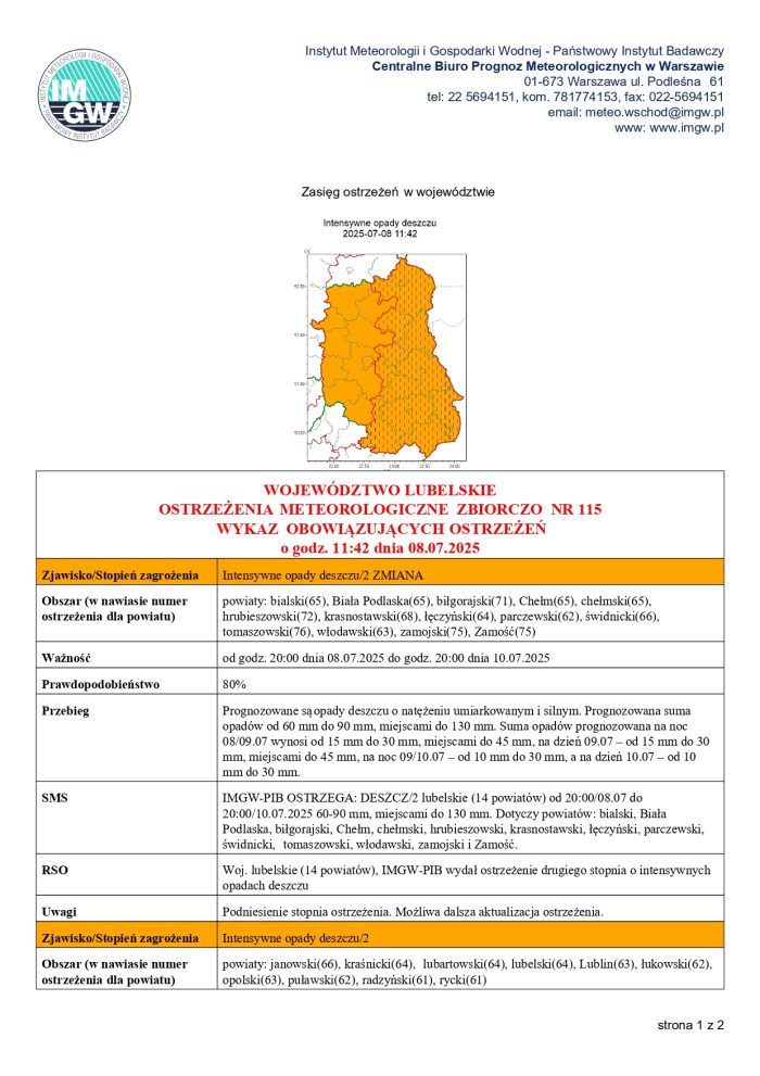 Miniaturka artykułu OSTRZEŻENIA METEOROLOGICZNE ZBIORCZO NR 115