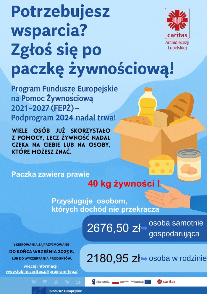 Miniaturka artykułu Potrzebujesz wsparcia? Zgłoś się po paczkę żywnościową do Caritas Archidiecezji Lubelskiej!