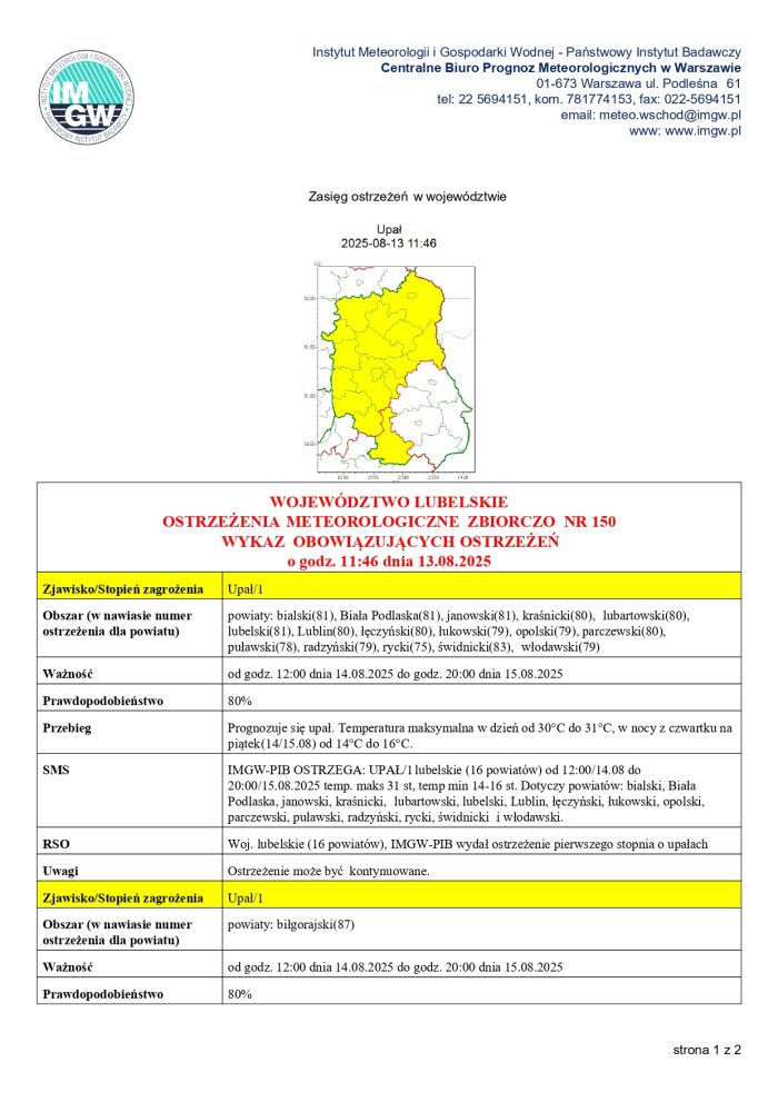 Miniaturka artykułu OSTRZEŻENIA METEOROLOGICZNE ZBIORCZO NR 150