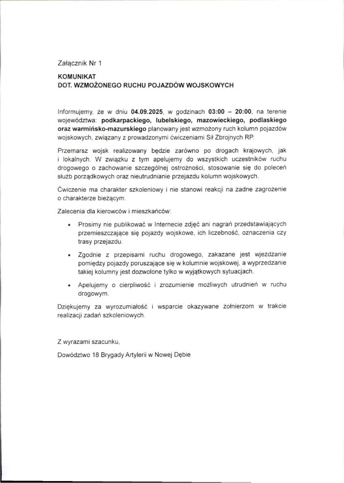 Miniaturka artykułu Komunikat dotyczący wzmożonego ruchu pojazdów wojskowych