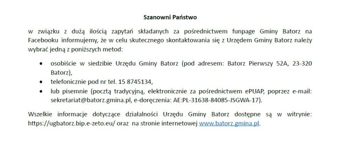 Miniaturka artykułu Komunikat dotyczący metod komunikacji z Urzędem Gminy Batorz