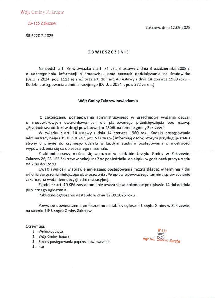 Miniaturka artykułu Obwieszczenie Wójta Gminy Zakrzew z dnia 12.09.2025