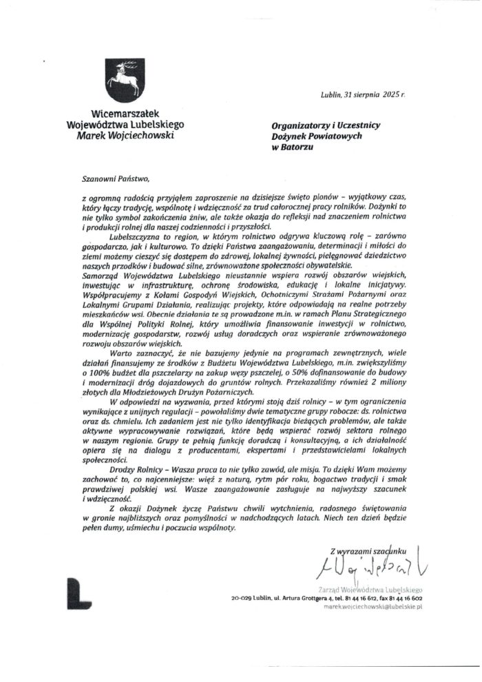 Miniaturka artykułu List Wicemarszałka Województwa Lubelskiego do Organizatorów i Uczestników Dożynek Powiatowych