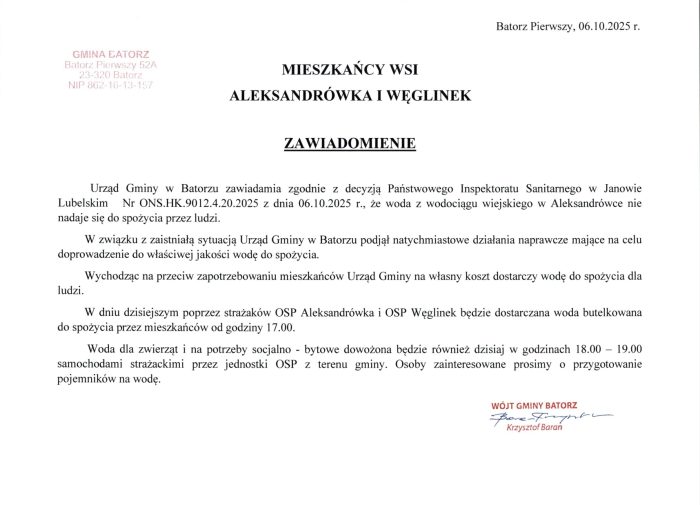 Miniaturka artykułu Uwaga! Komunikat o jakości wody z Wodociągu Zbiorowego Zaopatrzenia- Aleksandrówka