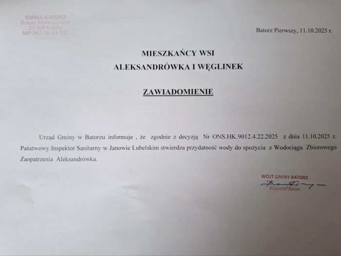 Miniaturka artykułu Komunikat nr 2.2025 o jakości wody z Wodociągu Zbiorowego Zaopatrzenia- Aleksandrówka