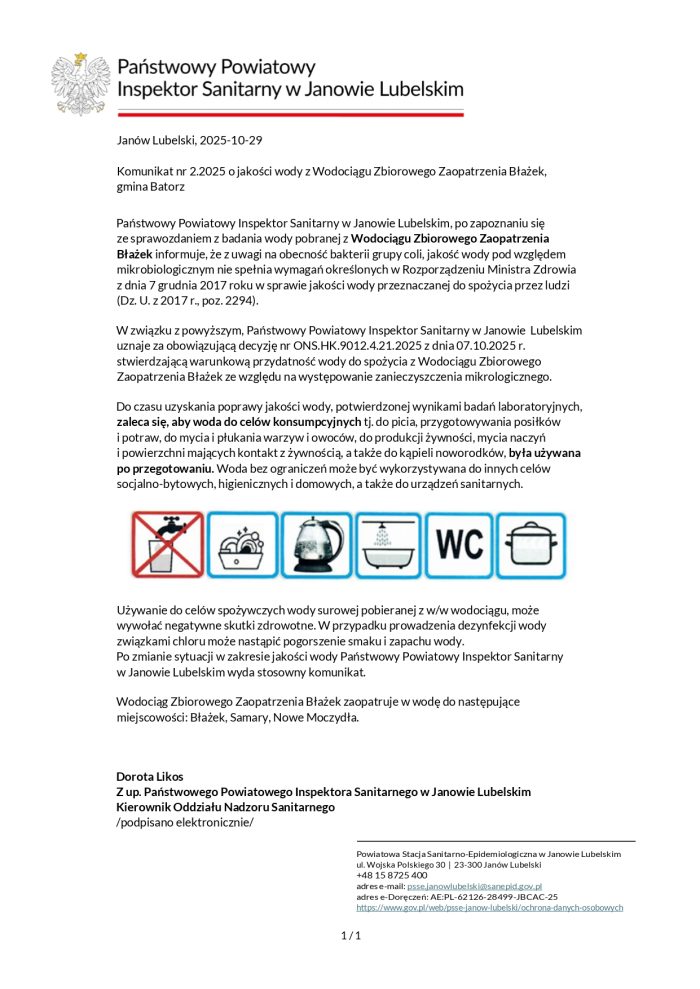 Miniaturka artykułu Komunikat nr 2.2025 o jakości wody z Wodociągu Zbiorowego Zaopatrzenia Błażek