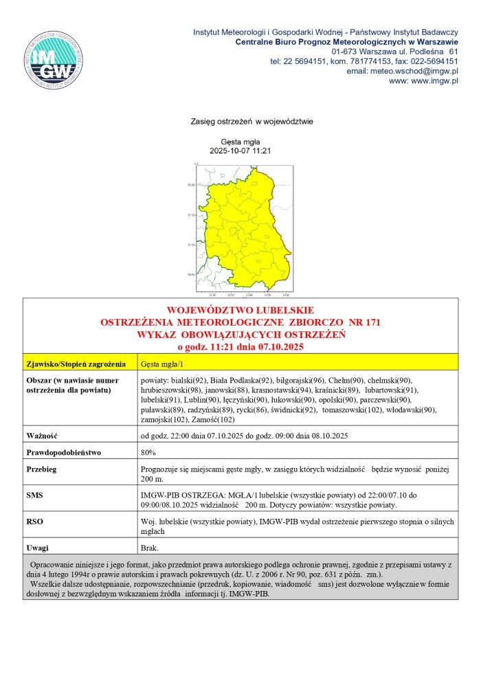 Miniaturka artykułu OSTRZEŻENIA METEOROLOGICZNE ZBIORCZO NR 171