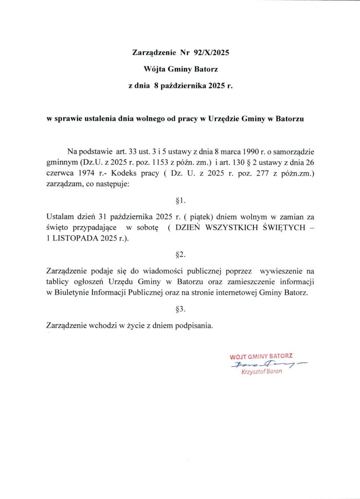 Miniaturka artykułu Zarządzenie Nr 92/X/2025 Wójta Gminy Batorz z dnia 08.10.2025 ws. ustalenia dnia wolnego od pracy w Urzędzie Gminy w Batorzu