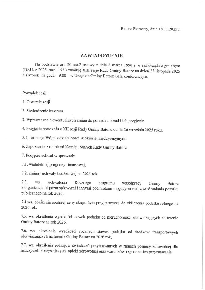 Miniaturka artykułu Zawiadomienie – XIII sesja Rady Gminy Batorz 25 listopada 2025