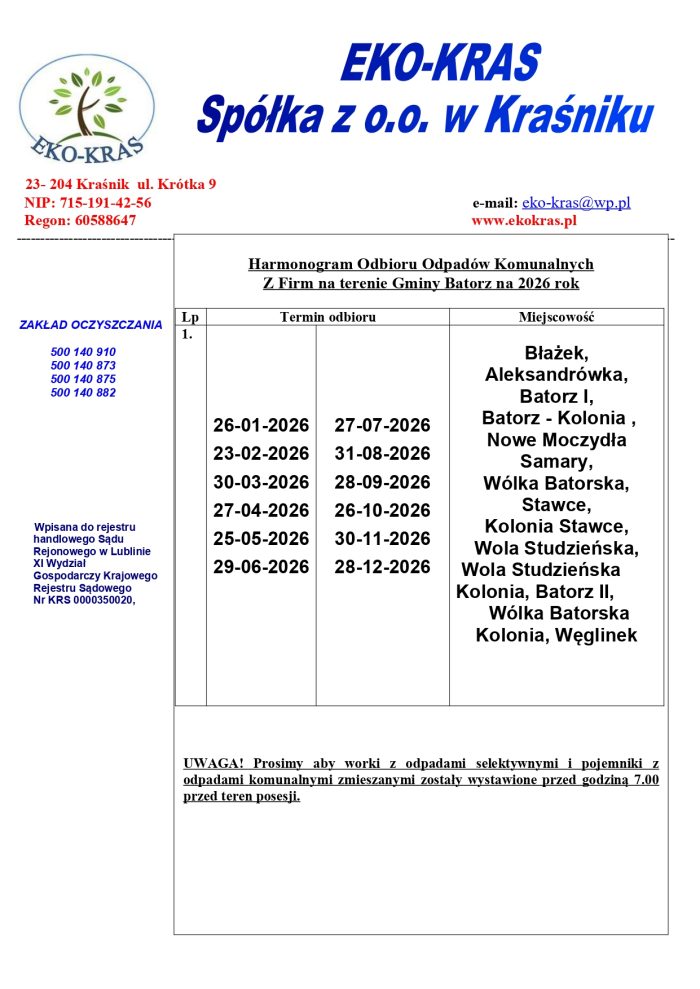 Miniaturka artykułu Harmonogram odbioru odpadów komunalnych z firm na terenie Gminy Batorz na 2026 rok