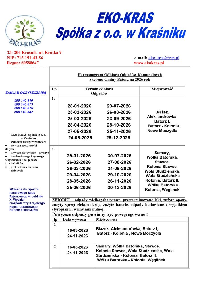 Miniaturka artykułu Harmonogram odbioru odpadów komunalnych z terenu Gminy Batorz na 2026 rok – od osób fizycznych