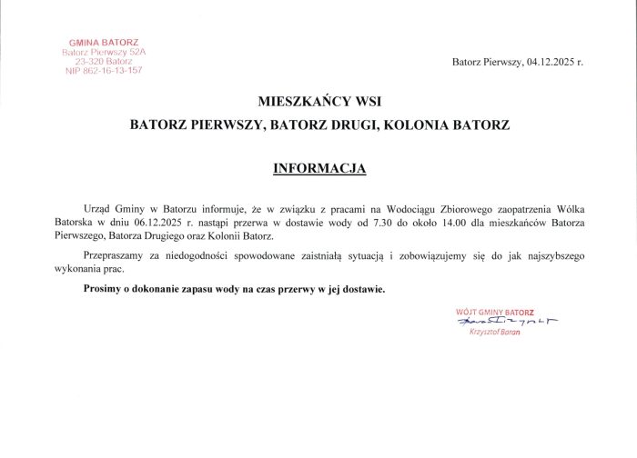 Miniaturka artykułu Informacja dotycząca prac na Wodociągu Zbiorowego Zaopatrzenia Wólka Batorska