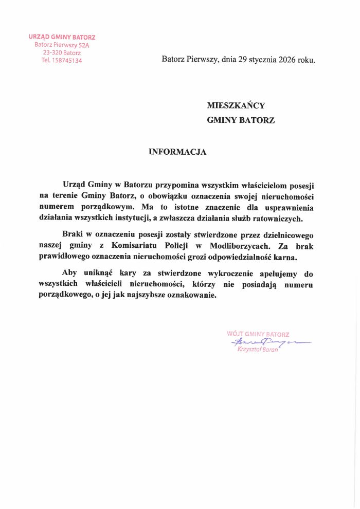 Miniaturka artykułu UWAGA MIESZKAŃCY GMINY BATORZ