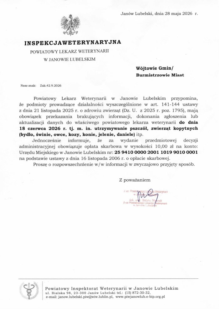 Miniaturka artykułu Informacja dla Mieszkańców z Inspekcji Weterynaryjnej